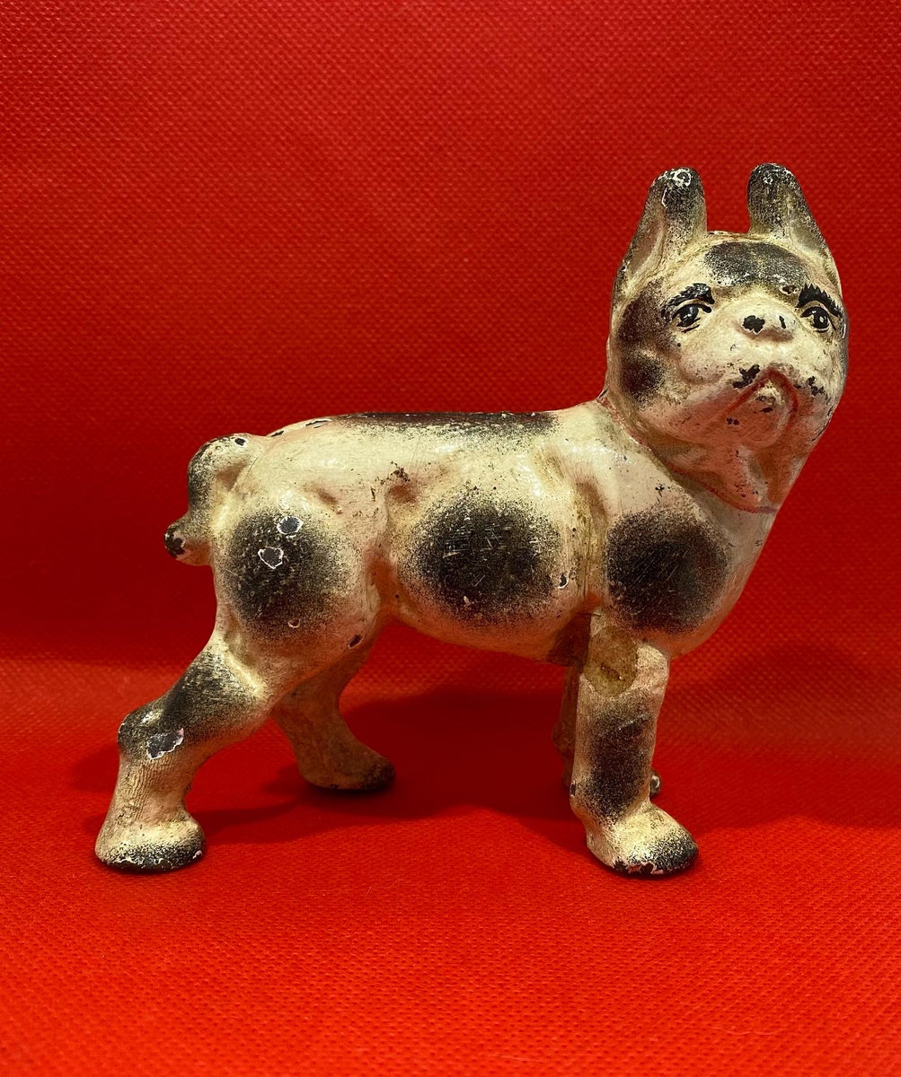 Antique, original, Cast Iron White French Bulldog seated in profile co