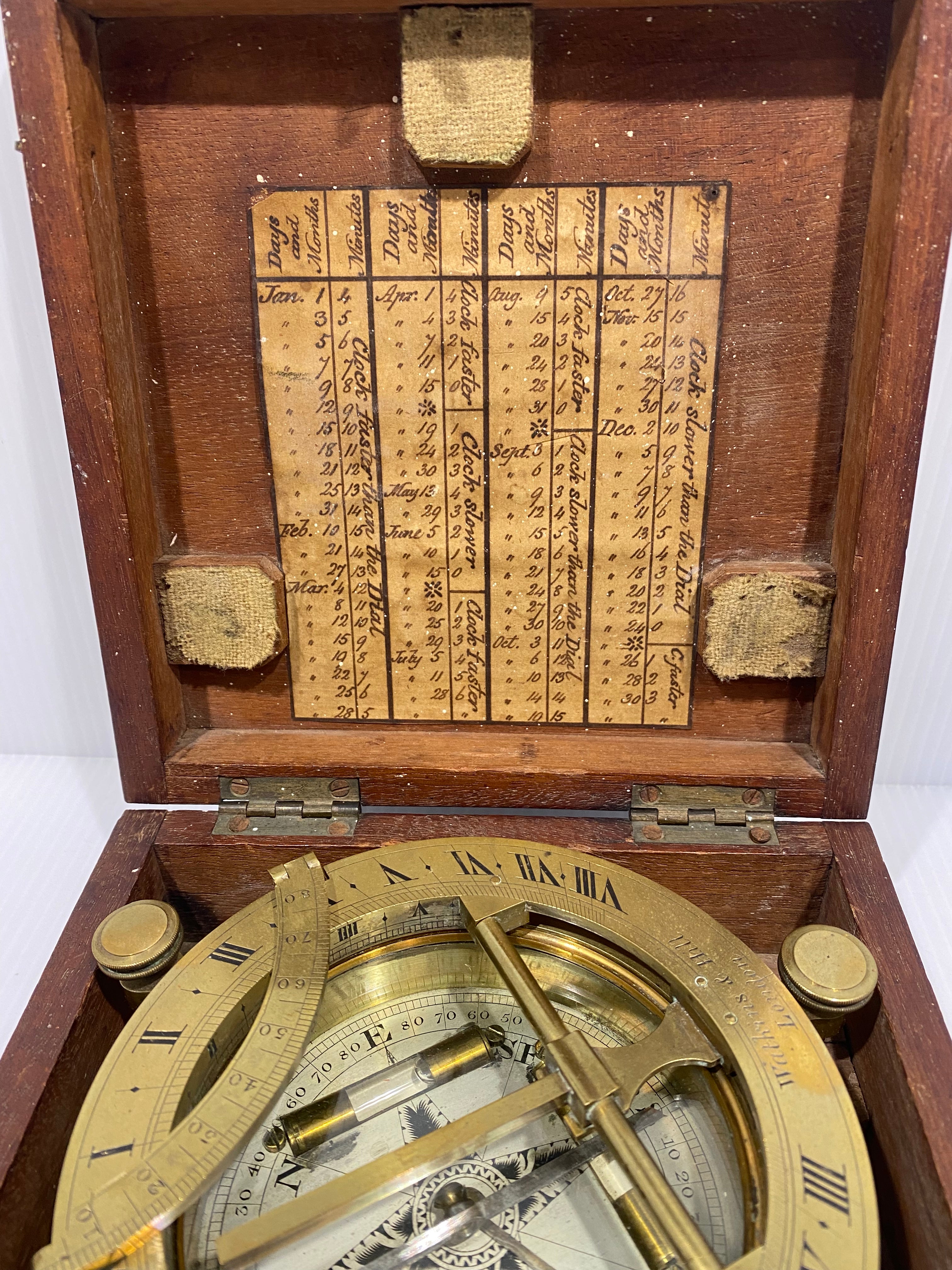 Antiqued Brass Compass and Clock with Hinged Lid