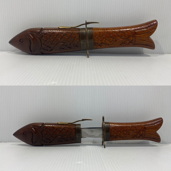 Vintage Knife And Fork Carving Set In Wooden Fish Case, Made In India